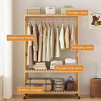 Bamboo Coat Rack Stand with Wheels Garment 3 Tiers