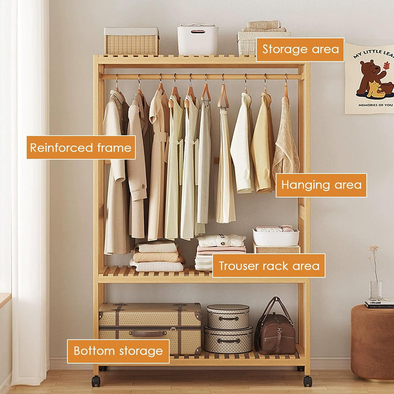 Bamboo Coat Rack Stand with Wheels Garment 3 Tiers