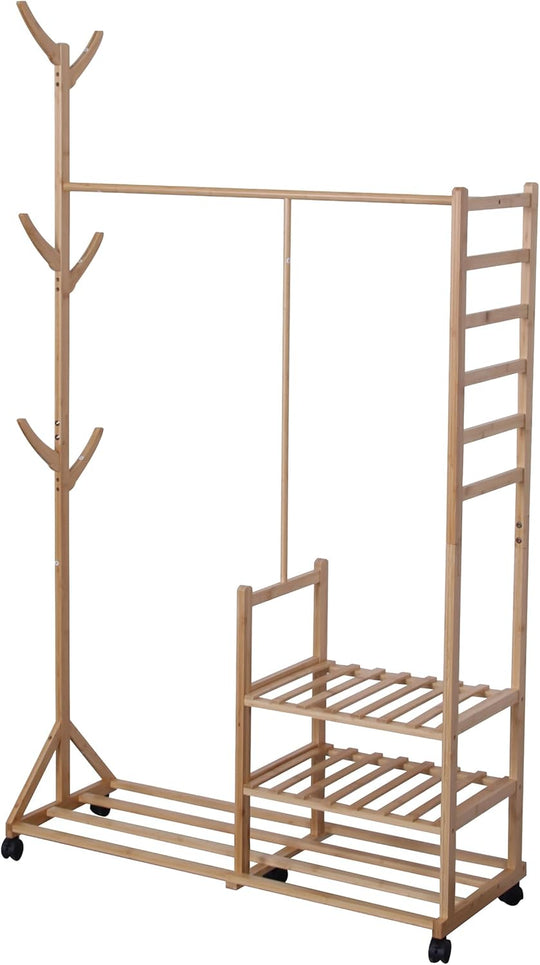 Bamboo Coat Rack with 4 Shelves 6 Hooks