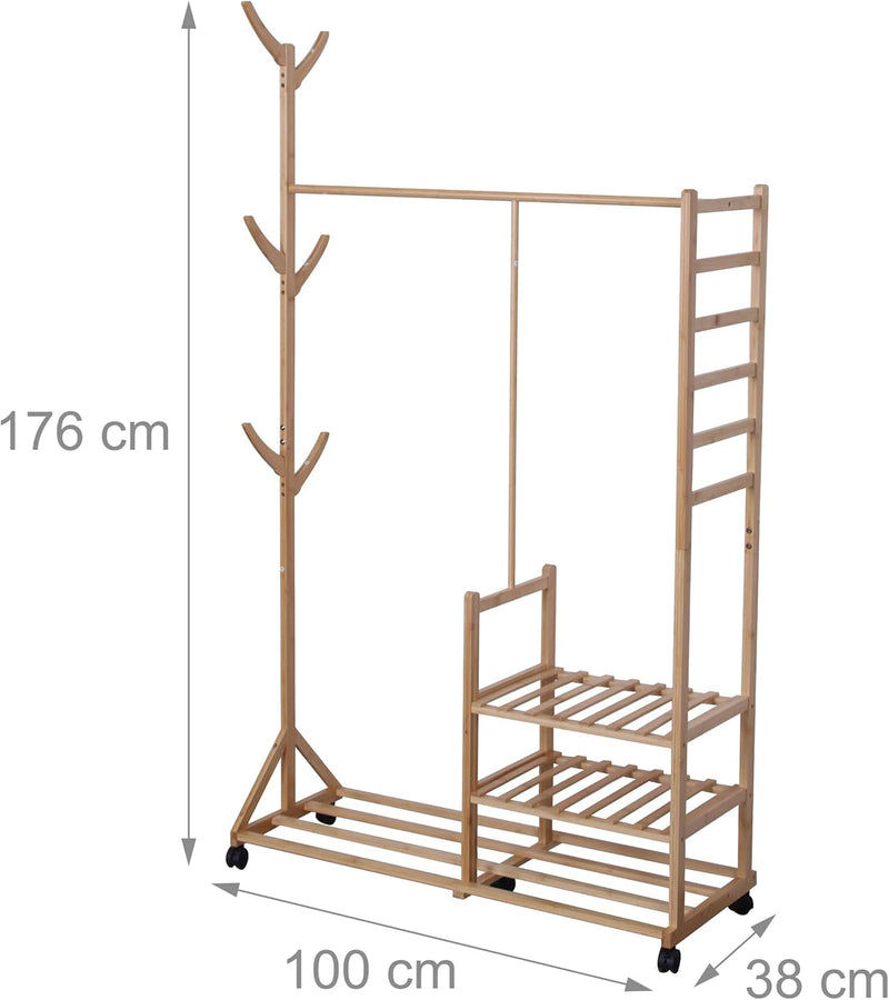 Bamboo Coat Rack with 4 Shelves 6 Hooks