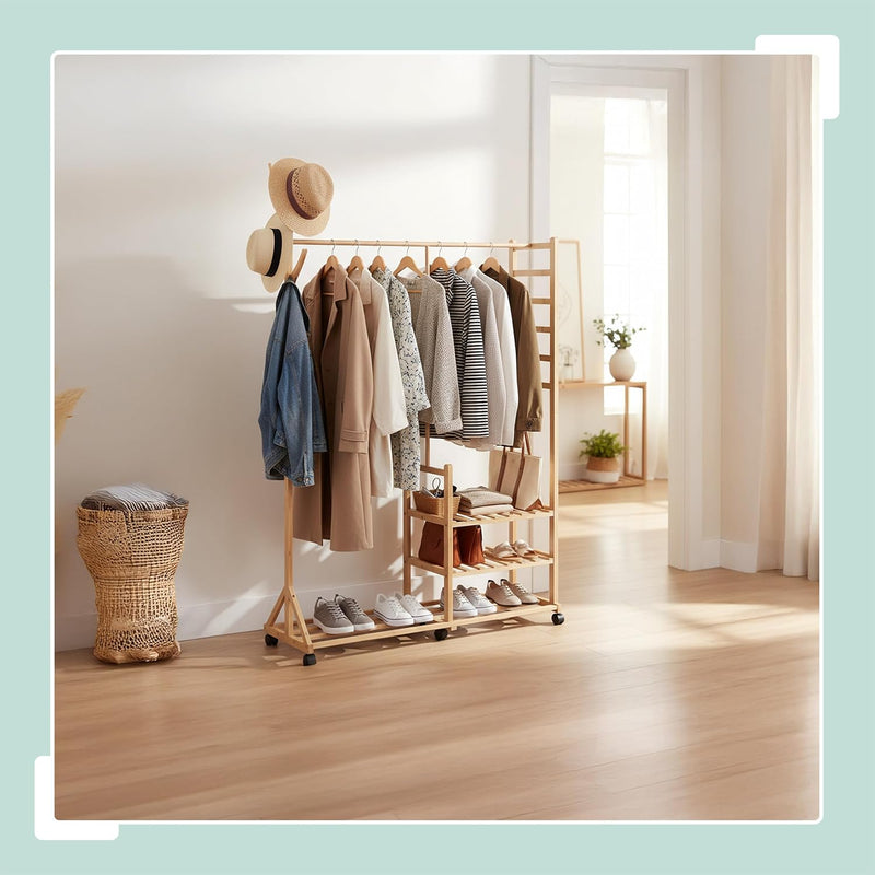 Bamboo Coat Rack with 4 Shelves 6 Hooks