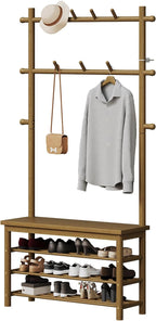 Bamboo Coat Rack with Shoe and 13 Hooks