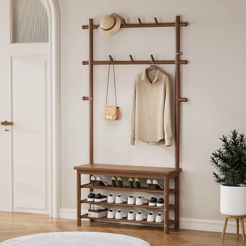 Bamboo Coat Rack with Shoe and 13 Hooks