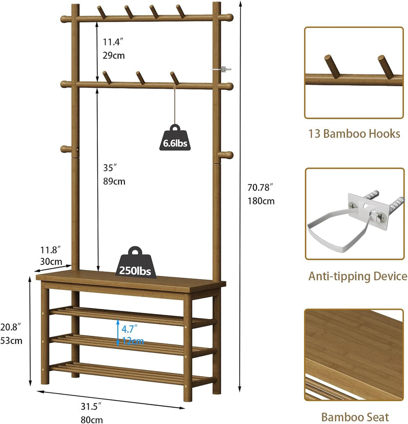 Bamboo Coat Rack with Shoe and 13 Hooks