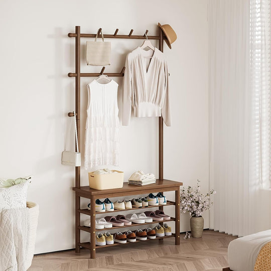 Bamboo Coat Rack with Shoe and 13 Hooks