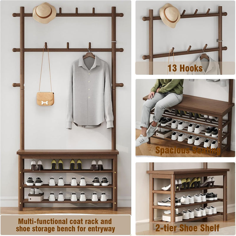 Bamboo Coat Rack with Shoe and 13 Hooks