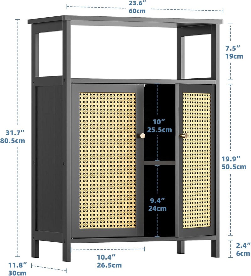 Bamboo Floor Cabinet Bathroom Storage with 2 Rattan