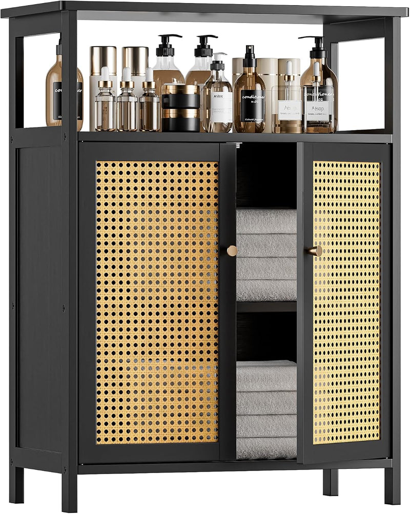 Bamboo Floor Cabinet Bathroom Storage with 2 Rattan