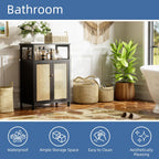 Bamboo Floor Cabinet Bathroom Storage with 2 Rattan