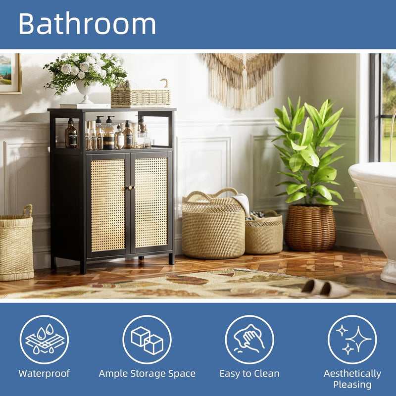 Bamboo Floor Cabinet Bathroom Storage with 2 Rattan