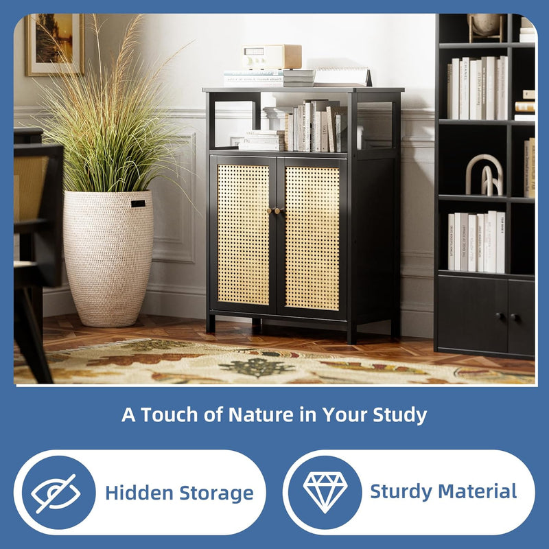 Bamboo Floor Cabinet Bathroom Storage with 2 Rattan