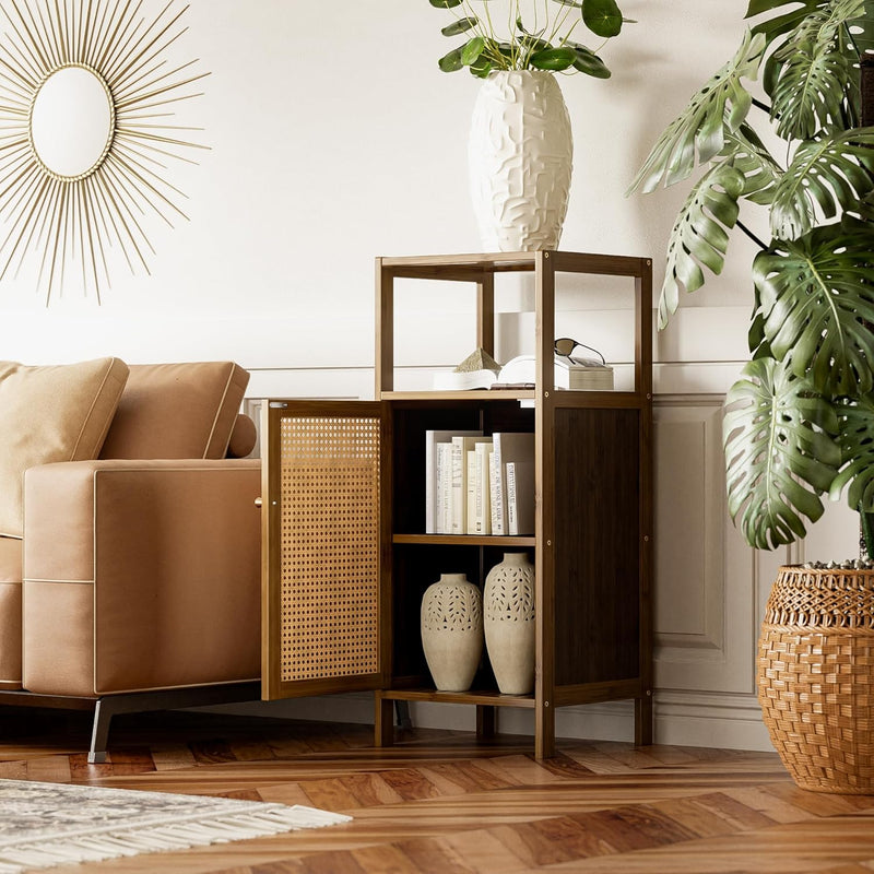 Bamboo Floor Standing Small Bathroom Cabinet with Rattan