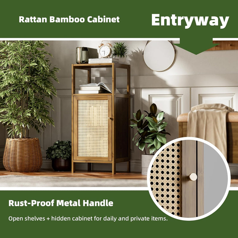 Bamboo Floor Standing Small Bathroom Cabinet with Rattan