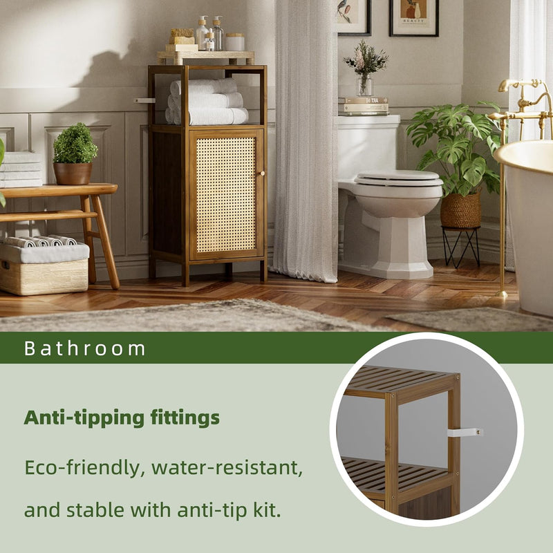 Bamboo Floor Standing Small Bathroom Cabinet with Rattan