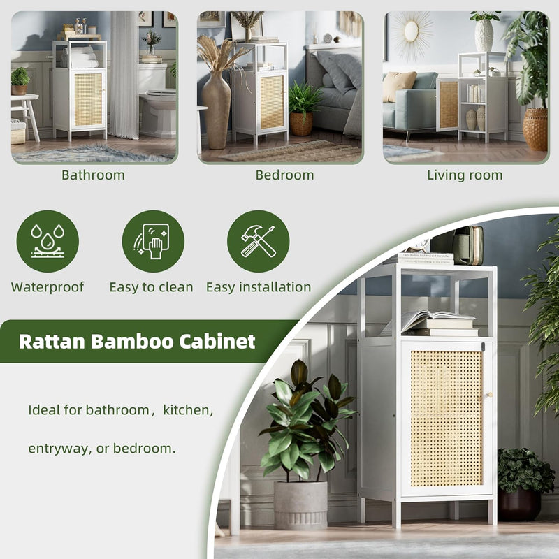 Bamboo Floor Standing Small Bathroom Cabinet with Rattan