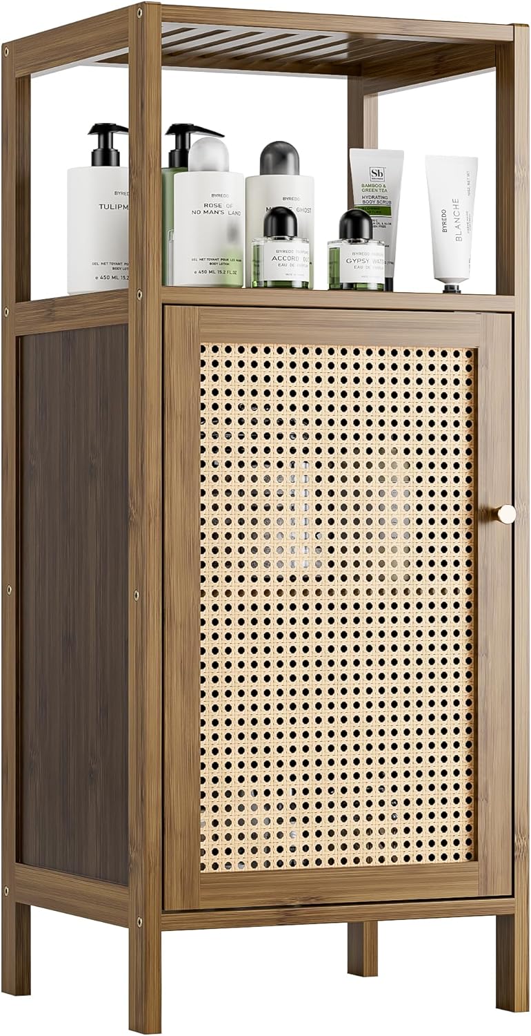 Bamboo Floor Standing Small Bathroom Cabinet with Rattan