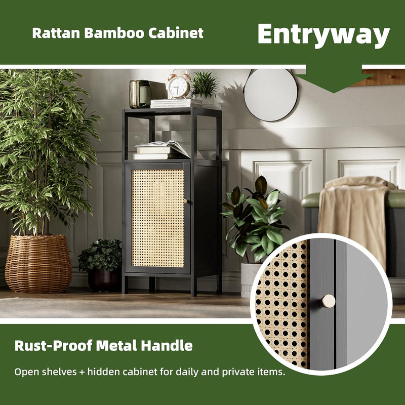 Bamboo Floor Standing Small Bathroom Cabinet with Rattan