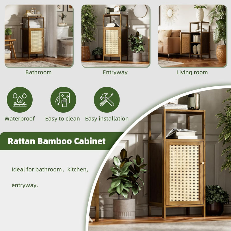 Bamboo Floor Standing Small Bathroom Cabinet with Rattan