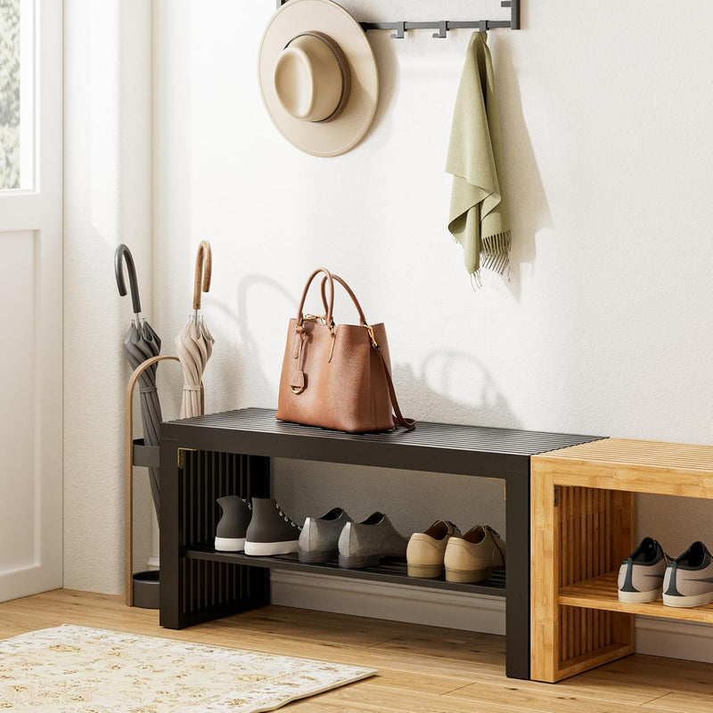 Bamboo Hallway Bench with Shelf Wooden Dining