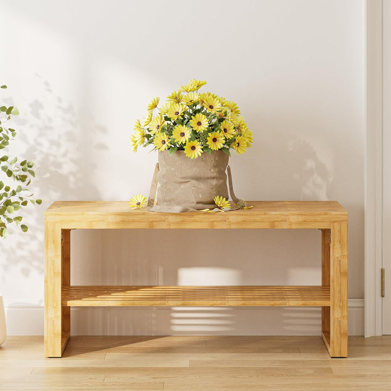 Bamboo Hallway Bench with Shelf Wooden Dining