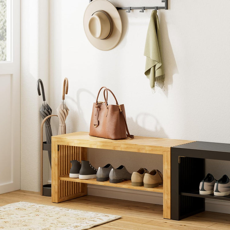 Bamboo Hallway Bench with Shelf Wooden Dining