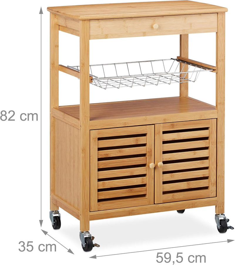 Bamboo Kitchen Trolley Worktop Cabinet Basket Serving Cart