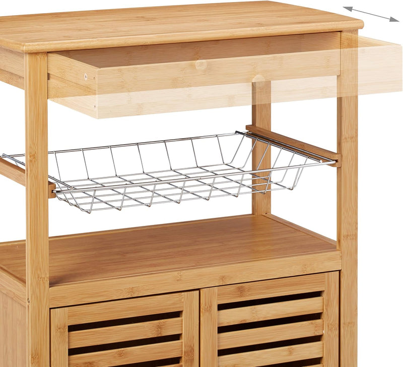 Bamboo Kitchen Trolley Worktop Cabinet Basket Serving Cart