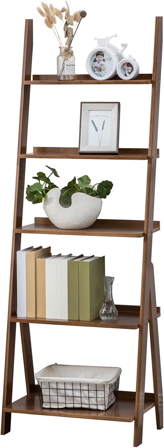 Bamboo Ladder Shelf 5-Tier Storage Rack Bookshelf Free