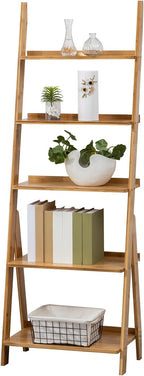 Bamboo Ladder Shelf 5-Tier Storage Rack Bookshelf Free