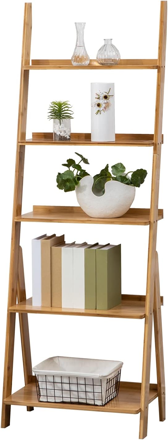 Bamboo Ladder Shelf 5-Tier Storage Rack Bookshelf Free