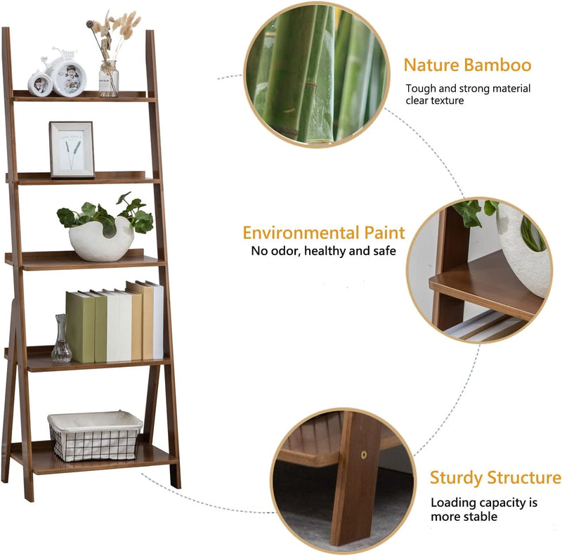 Bamboo Ladder Shelf 5-Tier Storage Rack Bookshelf Free