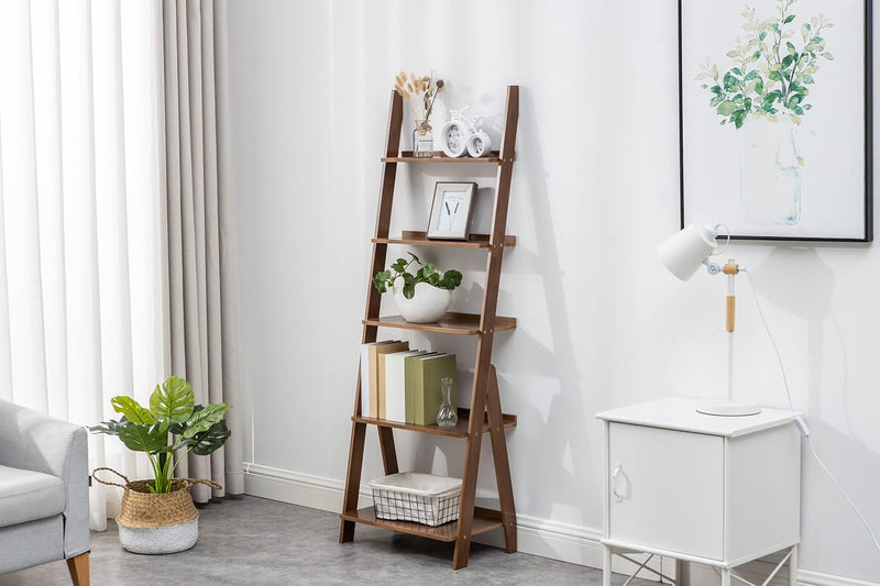 Bamboo Ladder Shelf 5-Tier Storage Rack Bookshelf Free