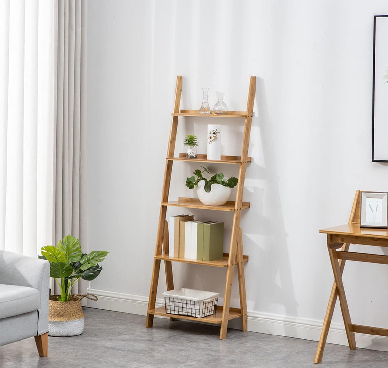 Bamboo Ladder Shelf 5-Tier Storage Rack Bookshelf Free