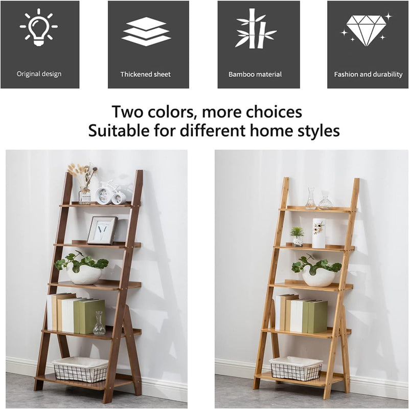 Bamboo Ladder Shelf 5-Tier Storage Rack Bookshelf Free
