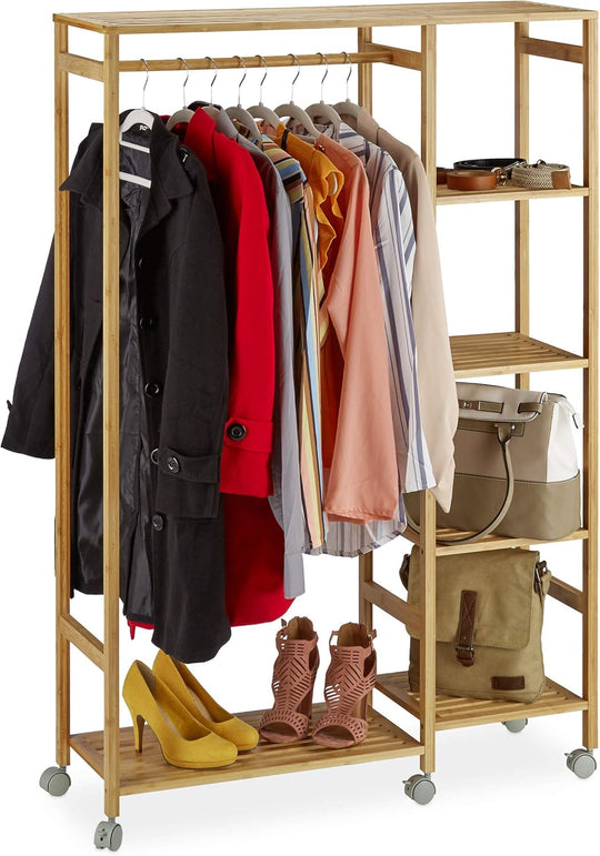 Bamboo Rolling Coat Stand 6 Tiers Open Garment