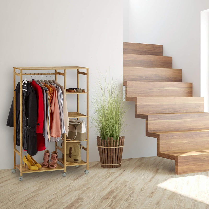Bamboo Rolling Coat Stand 6 Tiers Open Garment