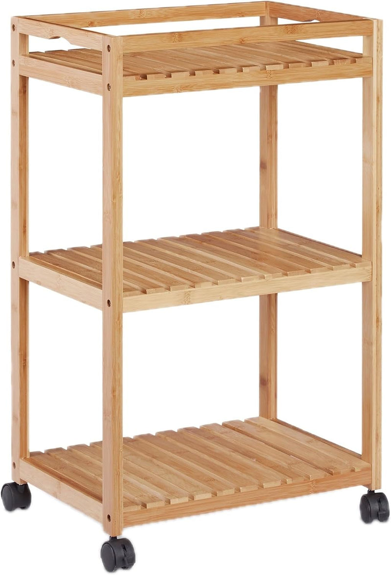 Bamboo Serving Trolley 3-Tier Kitchen Cart Plastic Casters