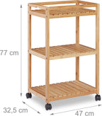 Bamboo Serving Trolley 3-Tier Kitchen Cart Plastic Casters
