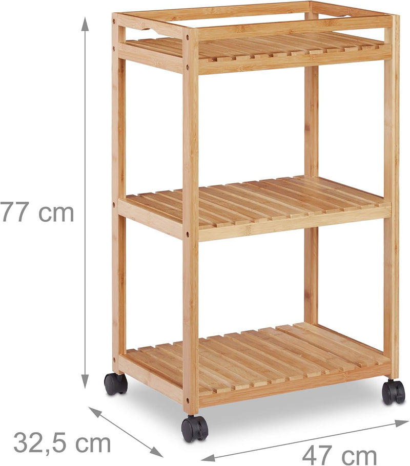 Bamboo Serving Trolley 3-Tier Kitchen Cart Plastic Casters