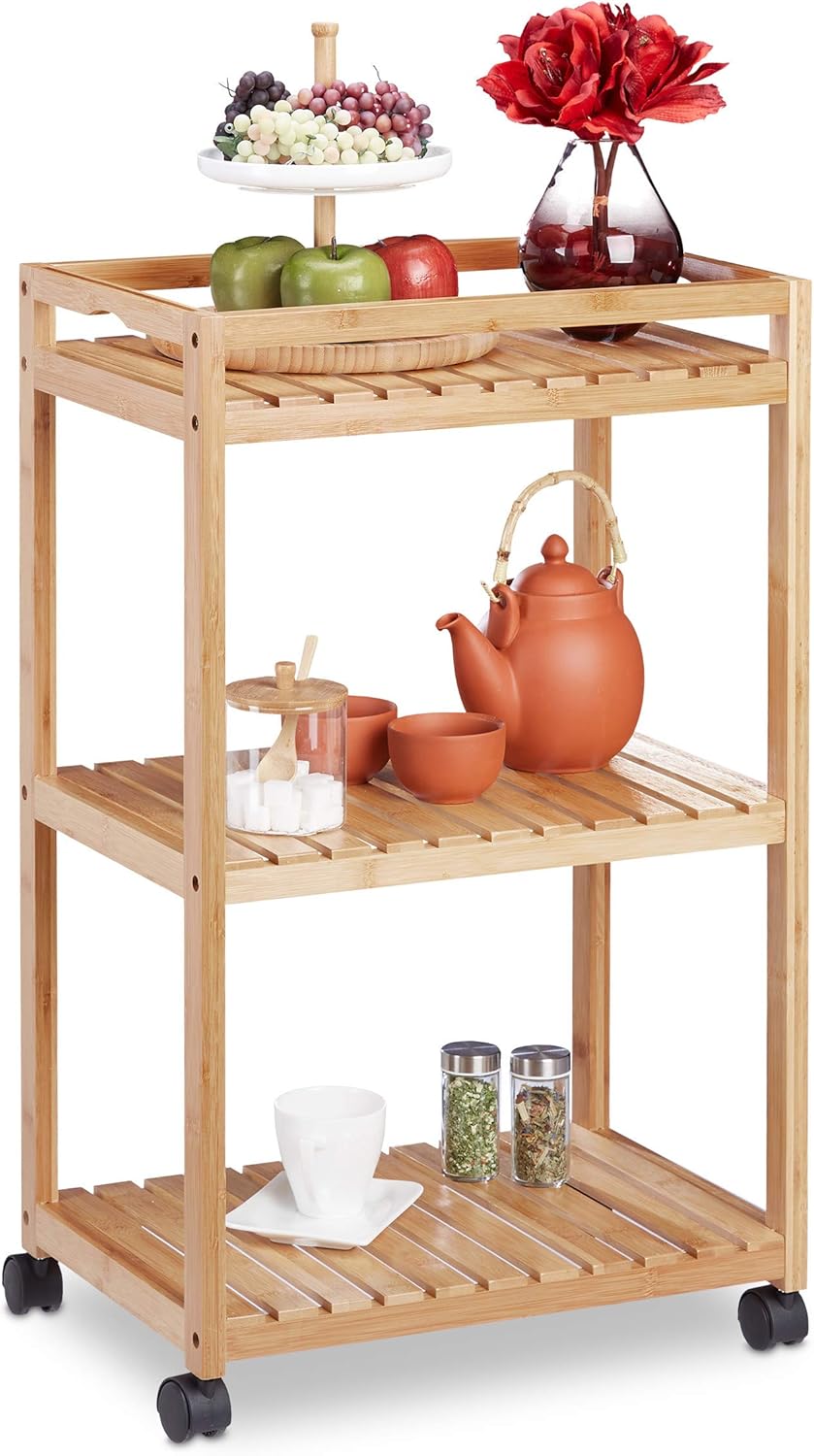 Bamboo Serving Trolley 3-Tier Kitchen Cart Plastic Casters