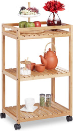 Bamboo Serving Trolley 3-Tier Kitchen Cart Plastic Casters