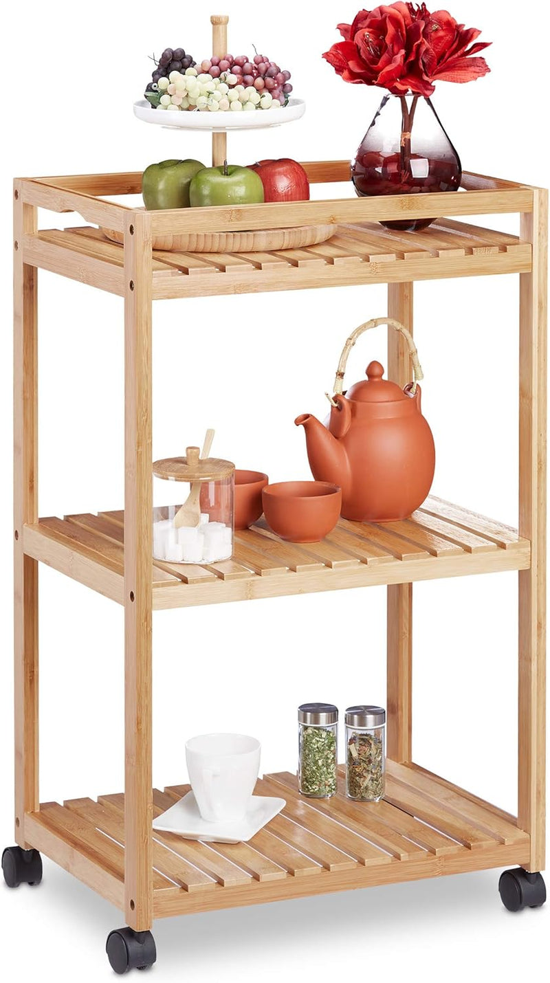 Bamboo Serving Trolley 3-Tier Kitchen Cart Plastic Casters