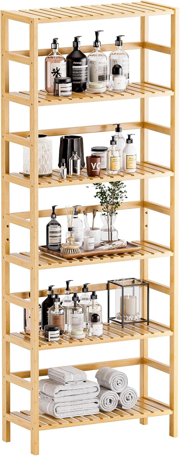 Bamboo Shelf 6-Tier Adjustable Tall Open Bookcase Bathroom