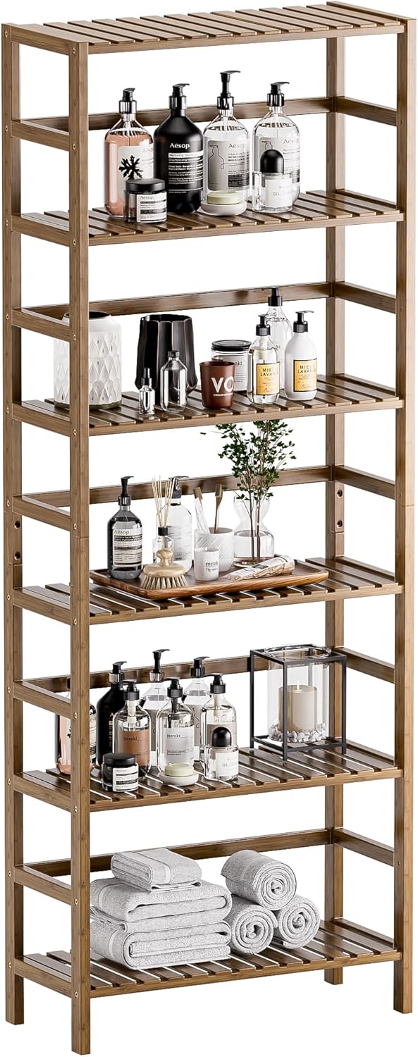 Bamboo Shelf 6-Tier Adjustable Tall Open Bookcase Bathroom