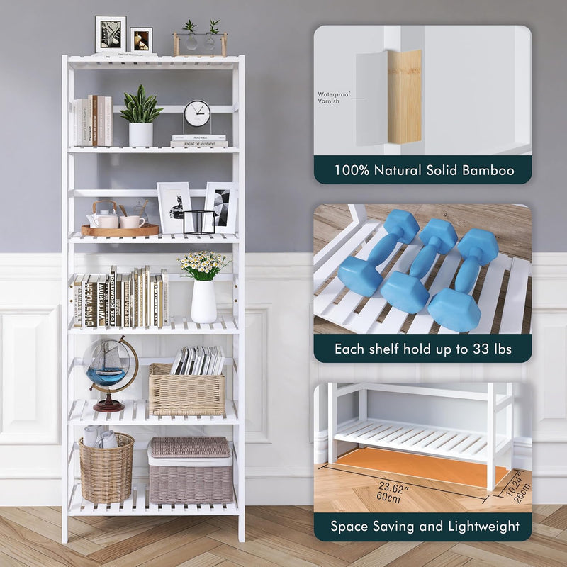 Bamboo Shelf 6-Tier Adjustable Tall Open Bookcase Bathroom