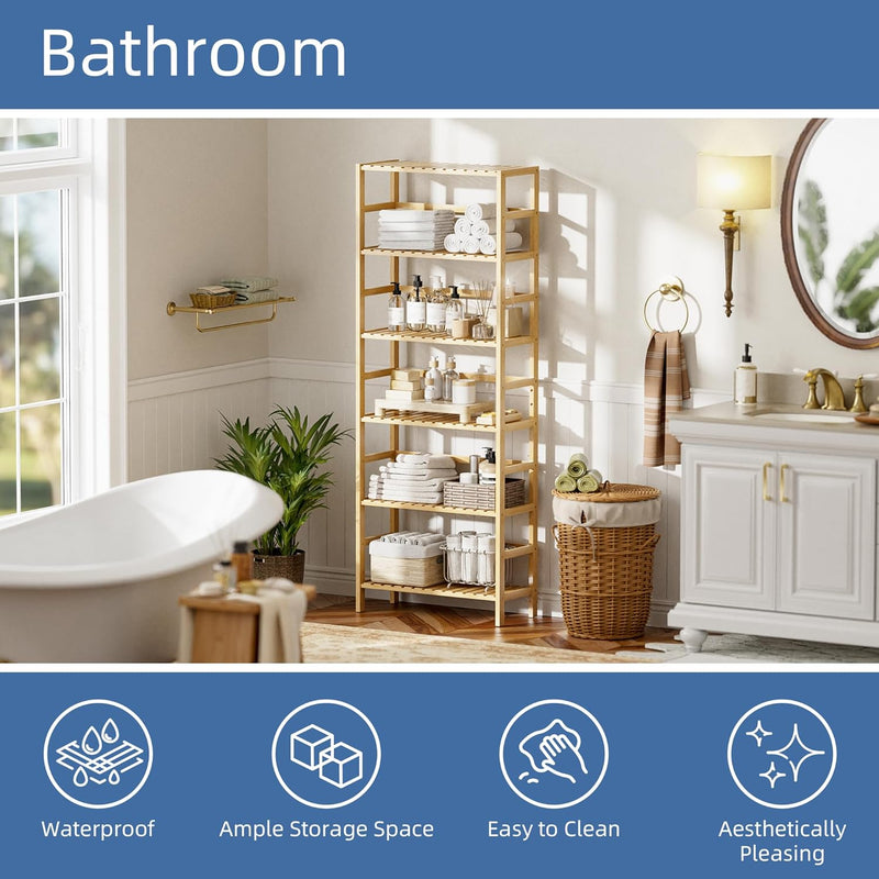 Bamboo Shelf 6-Tier Adjustable Tall Open Bookcase Bathroom