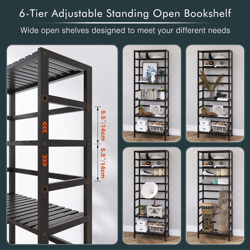 Bamboo Shelf 6-Tier Adjustable Tall Open Bookcase Bathroom