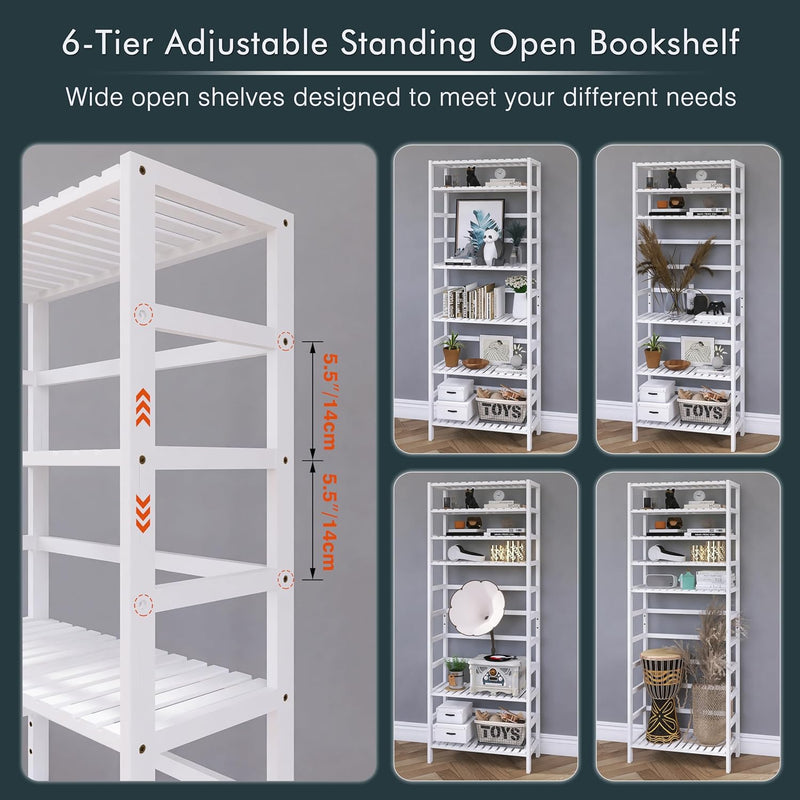 Bamboo Shelf 6-Tier Adjustable Tall Open Bookcase Bathroom