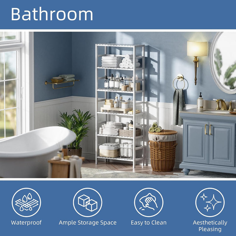 Bamboo Shelf 6-Tier Adjustable Tall Open Bookcase Bathroom