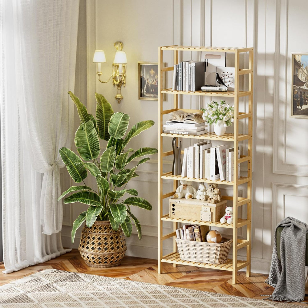 Bamboo Shelf 6-Tier Adjustable Tall Open Bookcase Bathroom